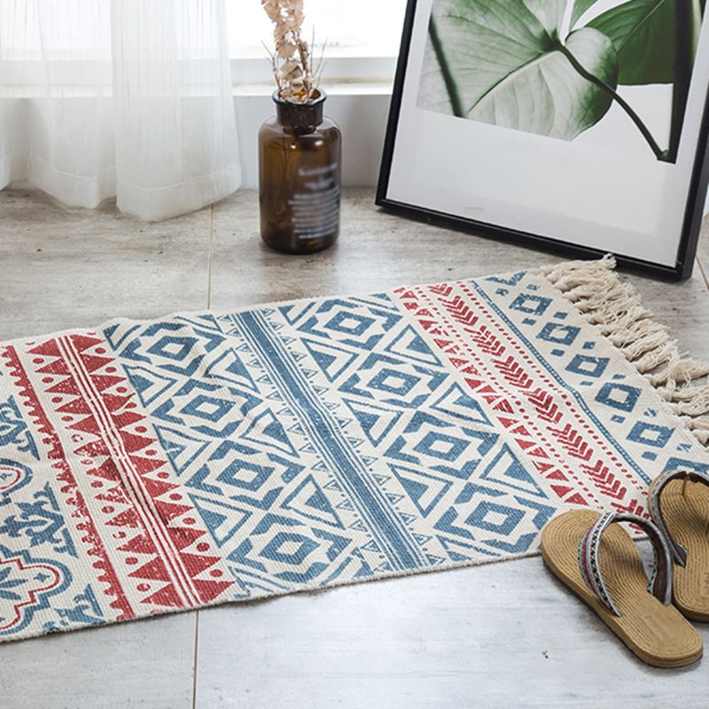 Blue Bohemian Area Rug Cotton Americana Pattern Carpet Fringe Indoor Rug for Bedroom