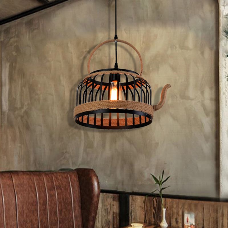 Black Teapot Pendant Ceiling Light Farmhouse Metal 1 Light Dining Room Hanging Lamp