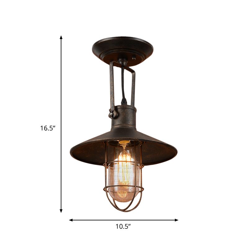 1 Light Flushmount Lighting Industrial Wide Flare Metallic Adjustable Semi Flush Mount Lamp in Rust with Cage and Handle