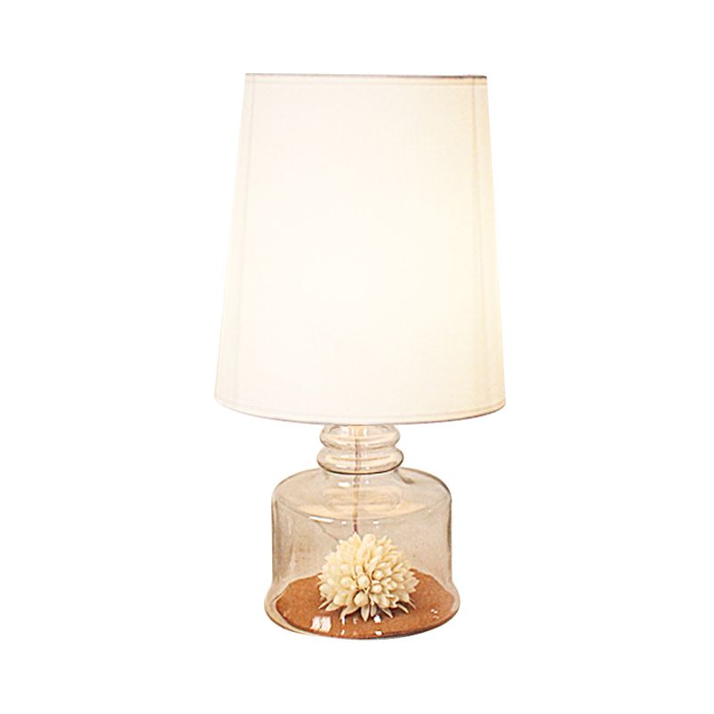 Barrel Restaurant Table Lighting Pastoral Fabric 1-Head Clear/Blue/Black Desk Light with Dried Flower and Glass Base