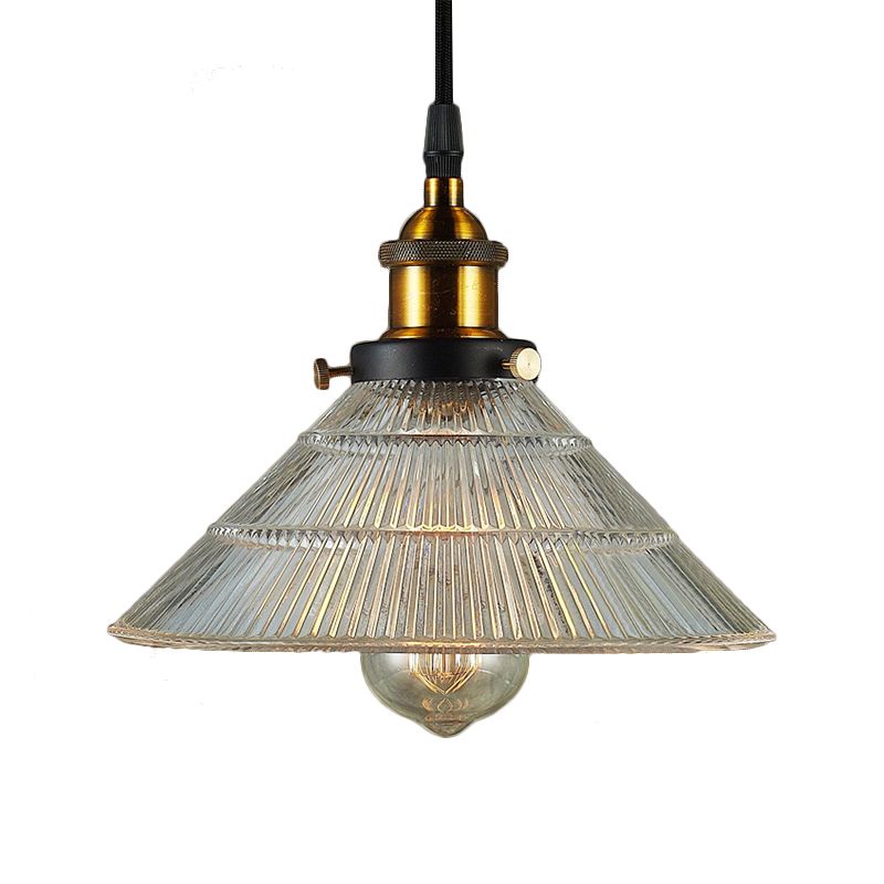 Black/Brass Cone Pendant Ceiling Light Farmhouse Ribbed Glass Single-Bulb Dining Room Hanging Lamp