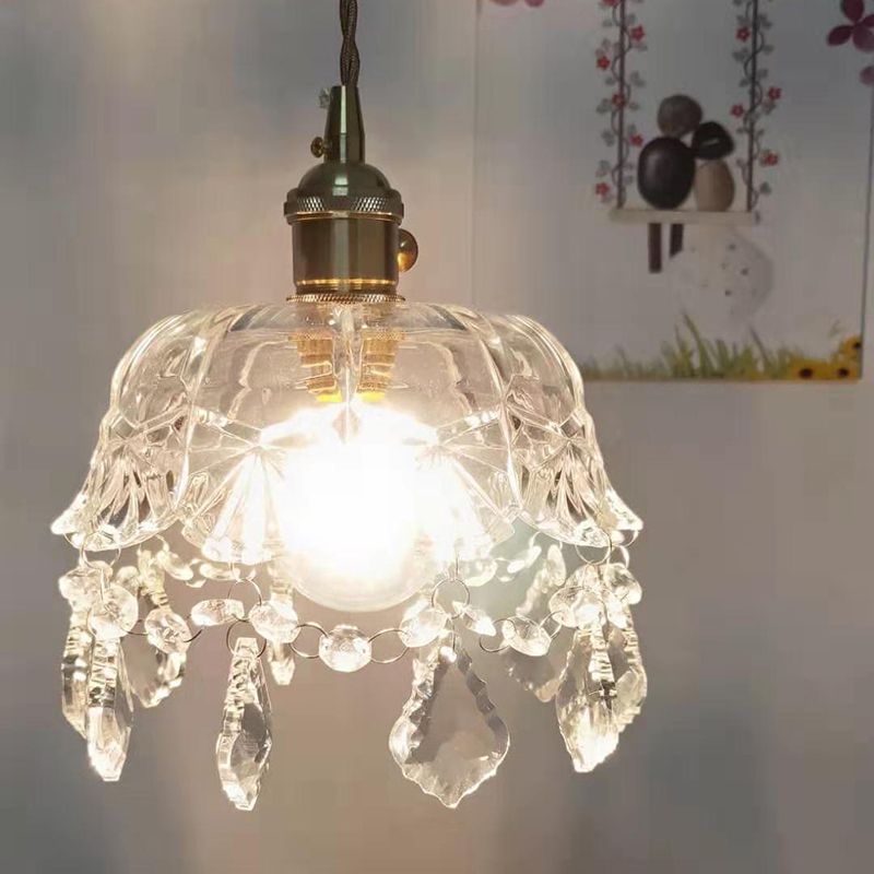 Forme de fleur Shade plafonnier pendant vintage 1 clair en verre transparent clair léger avec un pendentif en cristal