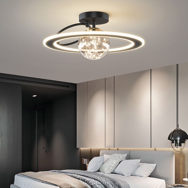 Planet Shaped Modern Style Ceiling Light 18.5" Wide LED String Light Clear Glass Ball Semi Flush-mount Lamp for Bedroom