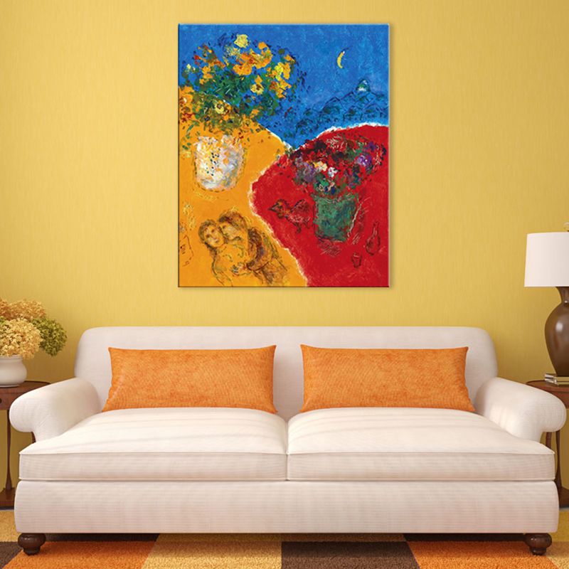 Textured Flower and Figure Painting Traditional Wall Decor in Yellow for Living Room