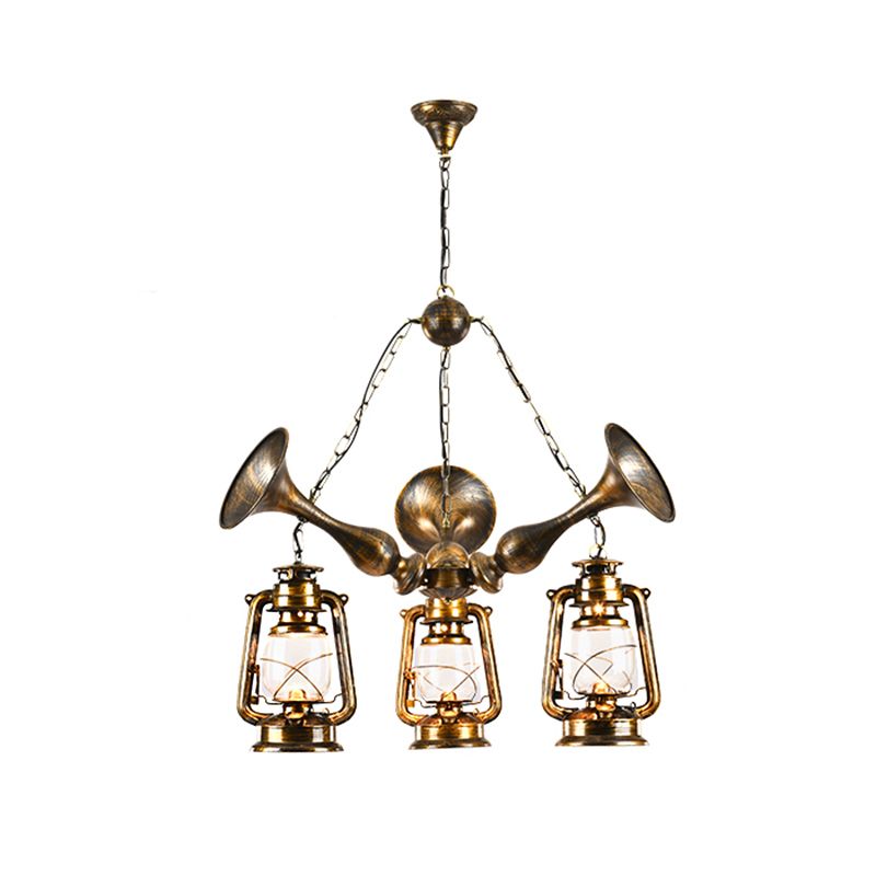 Lantern Shade Ceiling Lamp 3/5 Bulb Clear Glass Coastal Dining Room Chandelier Pendant Light in Antique Brass