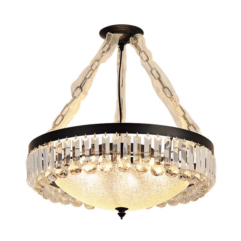 18"/23.5" Wide Dome Hanging Pendant Simple Tri-Sided Crystal Rod 6/9 Lights Black Ceiling Chandelier