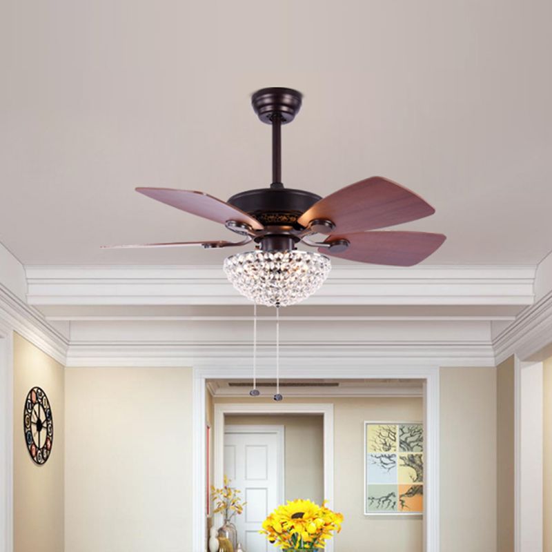 Crystal Embedded Dome Ceiling Fan Light Modernist LED Semi Flush Lamp with 4 Red Brown Blades, 36" Wide