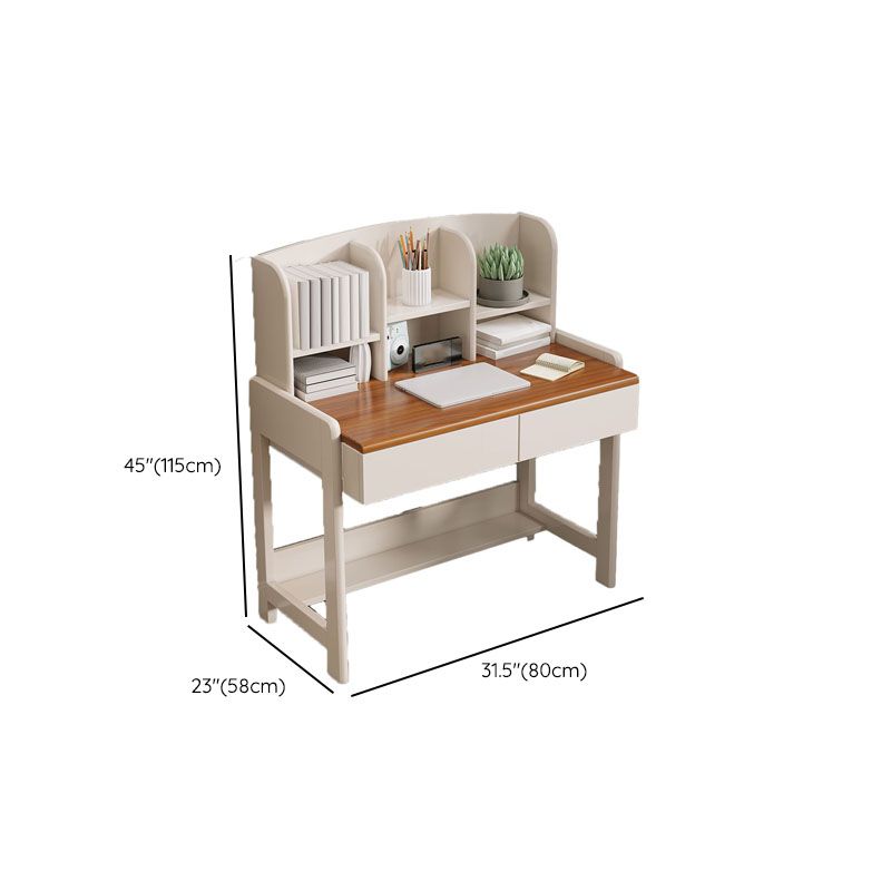 Contemporary White Writing Desk with Brown Top and 2 Drawers