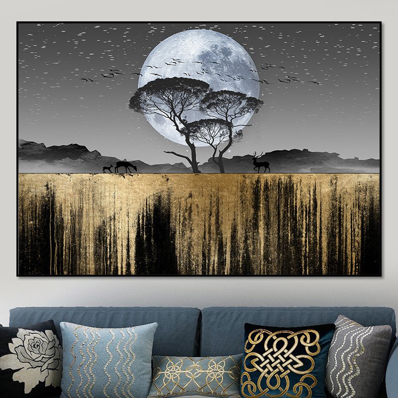 Country Scenery Wall Decor Black Super Moon Night Wilds Landscape Wall Art Print for Home