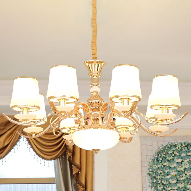 Opal Glass Barrel Chandelier Modernist Gold Pendant Lighting Fixture with Curving Arm