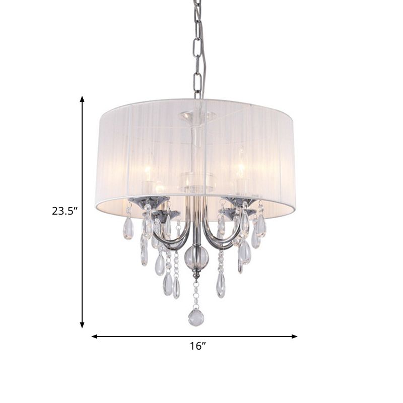 Drum Living Room Chandelier Lighting Fixture Simple Style Fabric 4 Lights Chrome Pendant Light Kit with Crystal Drop