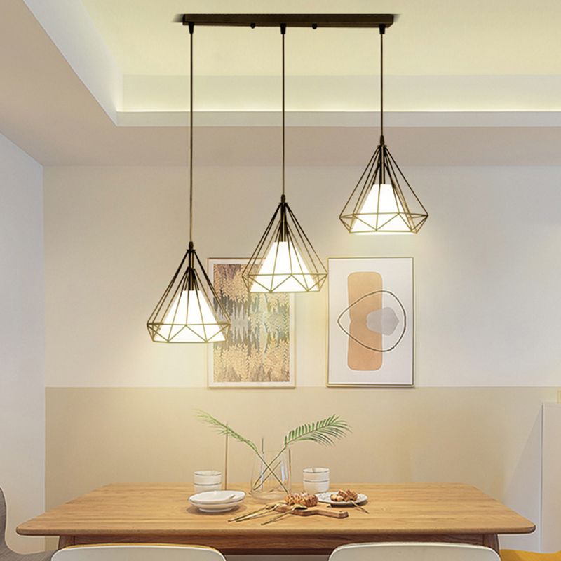 3 Lights Diamond Cage Pendant Industrial Iron Ceiling Pendant with Hanging Cord for Bar