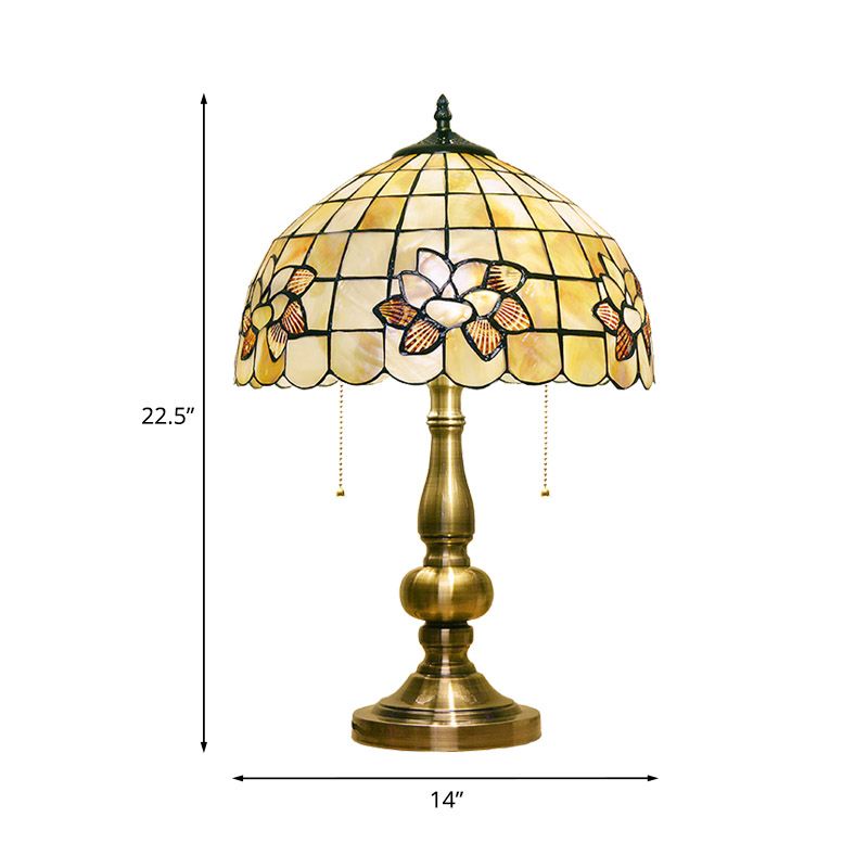 Lotus Blossom Gridded Table Light 2-Light Shell Victorian Style Night Stand Lamp with Pull Chain in Brushed Brass