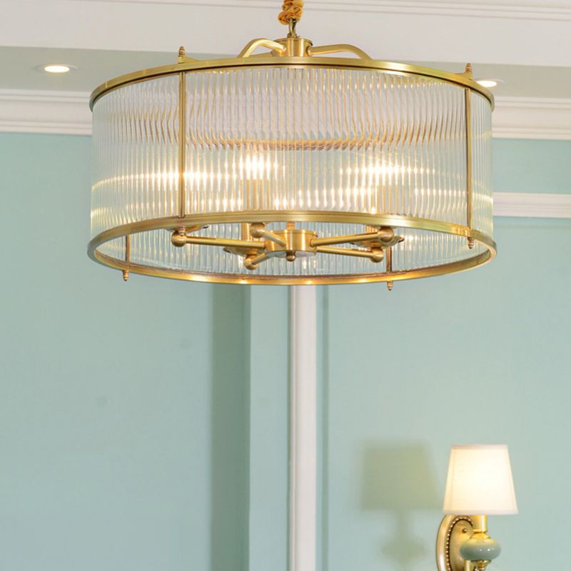 3/5/6 Lights Chandelier Light Colonial Drum Clear Ribbed Glass Ceiling Lamp in Polished Brass, Small/Medium/Large