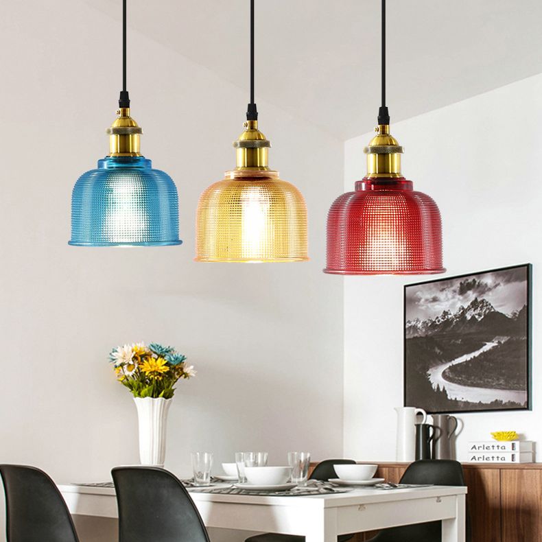 1 Light Pendant Lamp Vintage Industrial Bell Ribbed  Glass Hanging Lamp for Dining Room Table