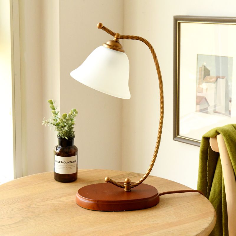 1 Light Bedroom Desk Lamp Traditional Red Brown Study Light with Bell White Glass Shade