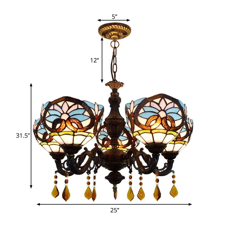 5 têtes bol légère suspendue Tiffany Style Tachage Verre Lumière avec cristal en bleu pour le salon