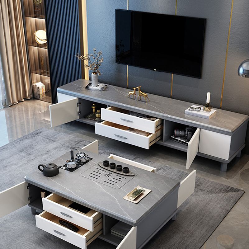 Modern Stone TV Media Stand Open Shelving TV Stand Console with Drawers