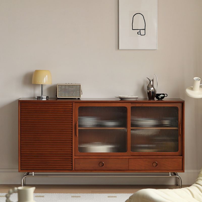 Contemporary Glass Doors Sideboard Cabinet with Storage in Brown