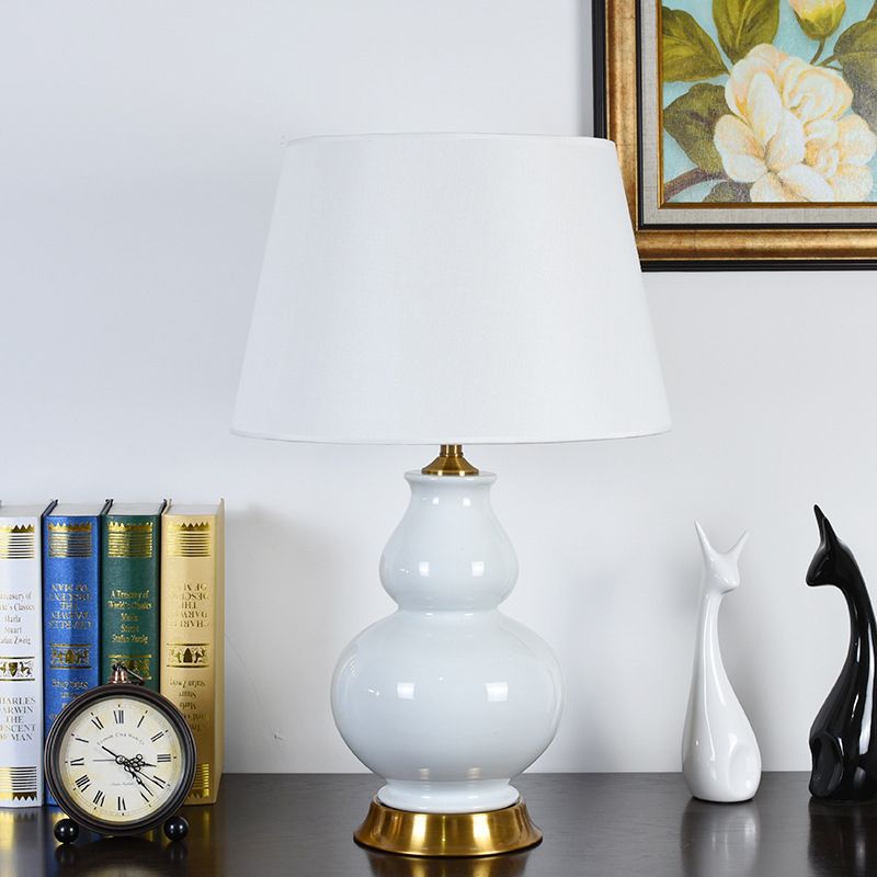 Contemporary 1 Bulb Table Light White Tapered Drum Small Desk Lamp with Fabric Shade