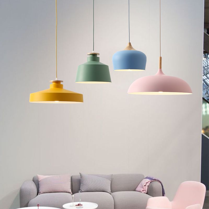 Onion/Bowl/Tapered Bedroom Hanging Pendant Aluminum 1-Light Macaron Style Ceiling Suspension Lamp in Pink/Yellow/Blue