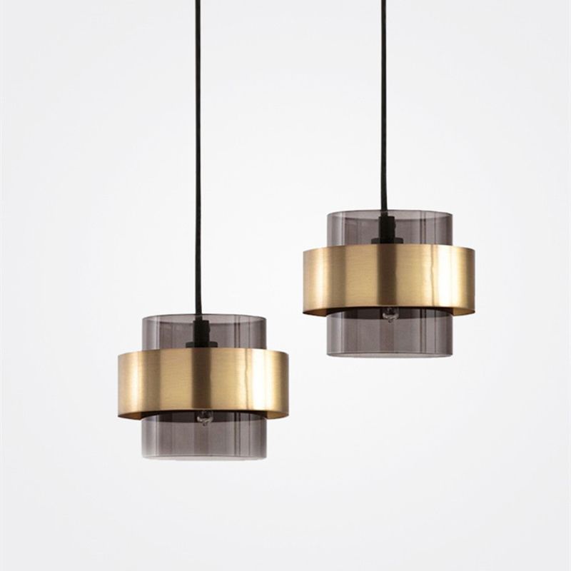 Cylindrical Glass Hanging Lamp Modern Minimalism 1 Light Pendant Light Fixture with Metal Ring