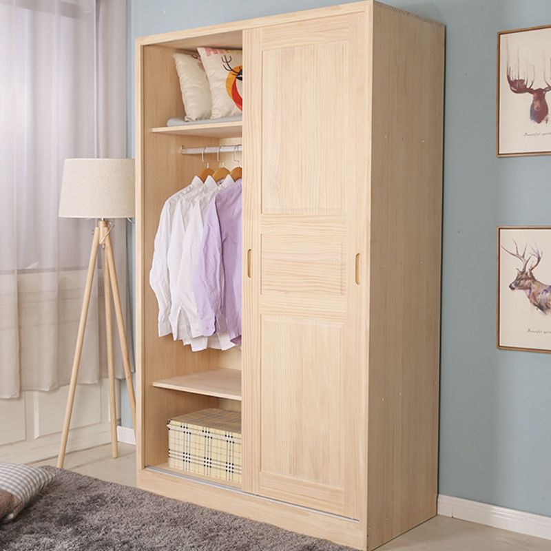 Light Brown Wooden Kid's Wardrobe 2-Drawer Glossy Kids Closet