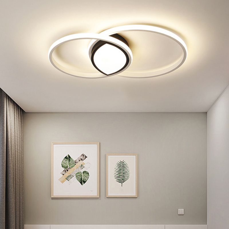 Double Rings Metal Ceiling Mount Light Fixture Modernism Black and White LED Flush Light in Warm/White Light/Remote Control Stepless Dimming, 16"/19.5" Wide