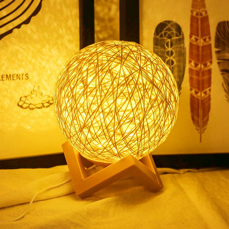 Globe Bamboo Night Lamp Contemporary 1 Light Yellow Finish Table Lighting with Wooden Base