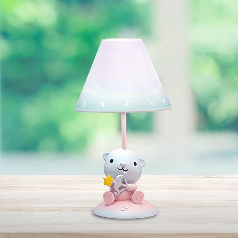 Pink Constellation Night Table Light Cartoon 1 Bulb Resin Nightstand Lamp with Cone Fabric Shade