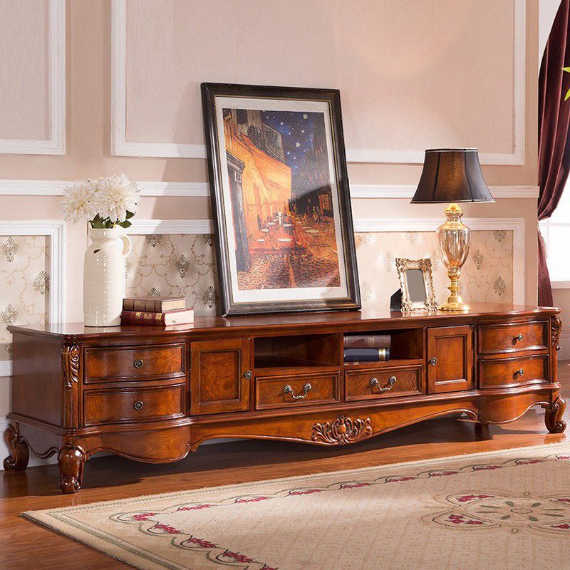 Traditional Wood TV Stand Console Open Storage TV Media Stand with Drawers for Living Room