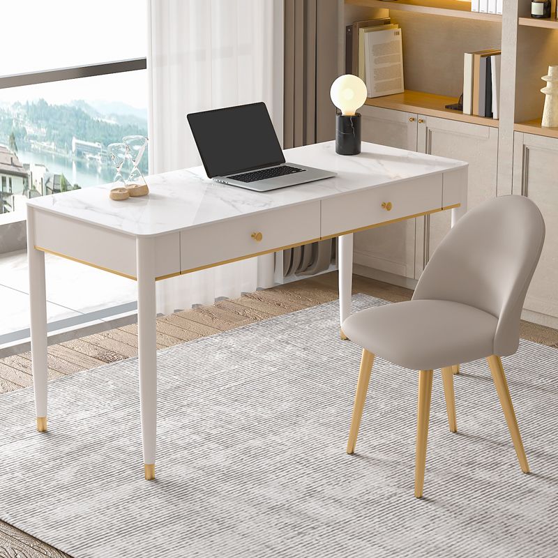 Contemporary Stone Writing Desk Parsons Base White Office Desk with Drawer