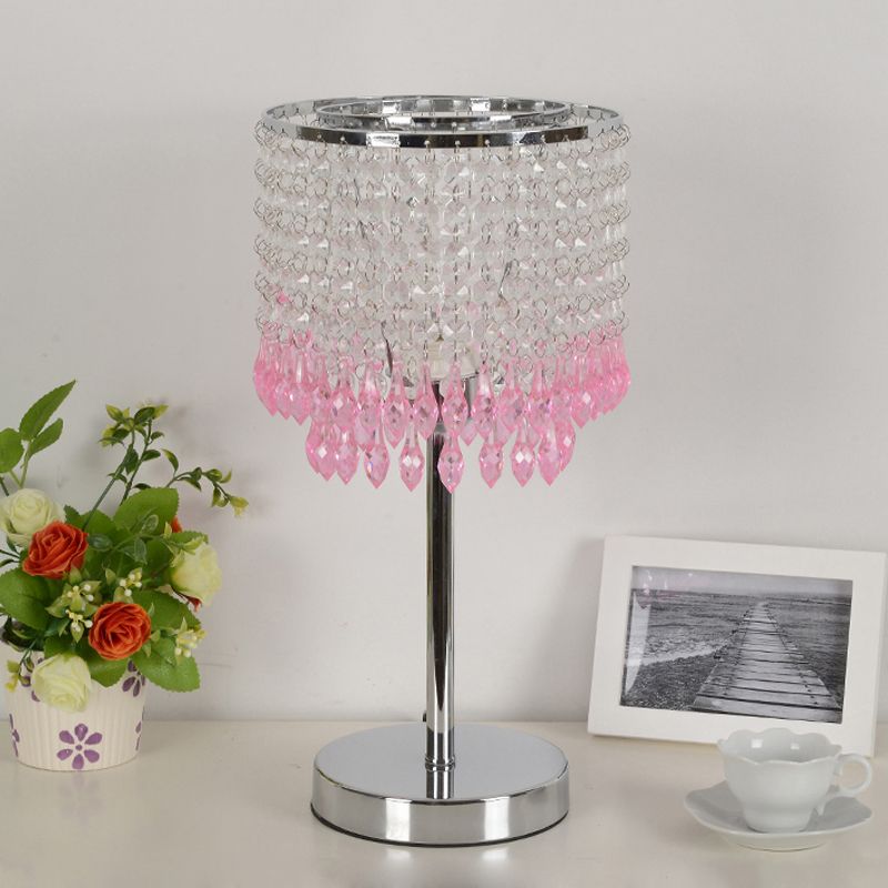 Crystal Beaded Red/Pink/Purple Table Lamp 2 Tiers Tassel Single-Bulb Modernist Nightstand Light for Bedside