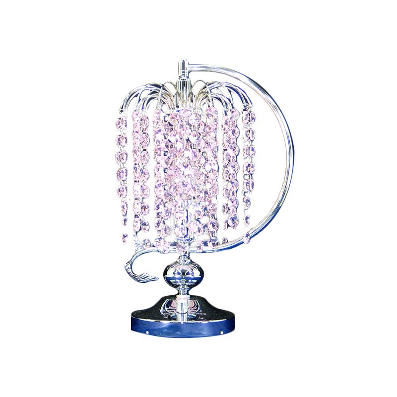 1-Head Drooping Tassel Night Light Retro Pink/Yellow/Blue Crystal Table Lighting with Polished Chrome C Arm