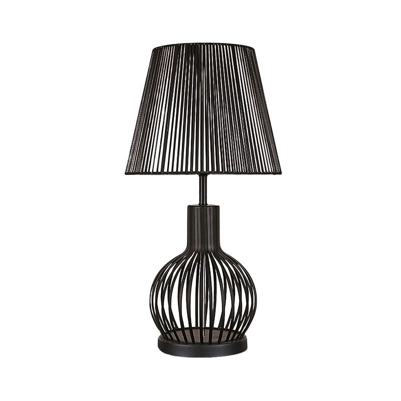 Black Bucket Night Table Lamp Traditional Fabric 1 Head Bedroom Nightstand Light with Round/Oval/Diamond Wire Cage