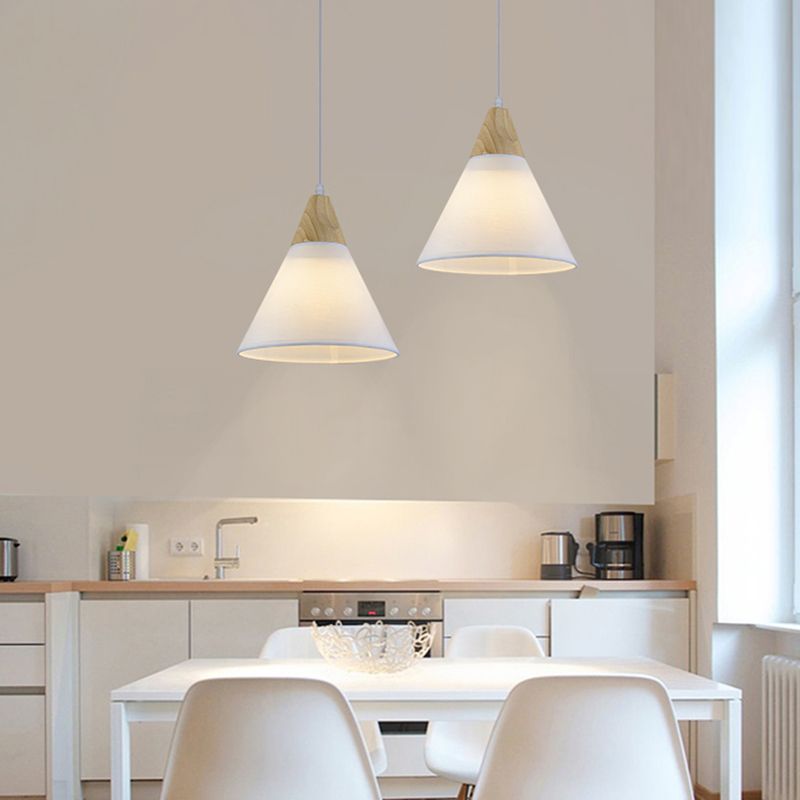 Tapered Suspension Light Simplicity Fabric 1-Light Dining Room Pendant Light Fixture with Wooden Top in White