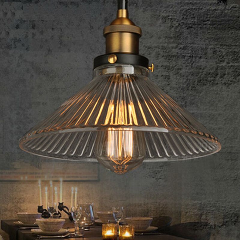 Brass Finish 1-Light Pendant Industrial Clear Ribbed Glass Conical Drop Light for Bar