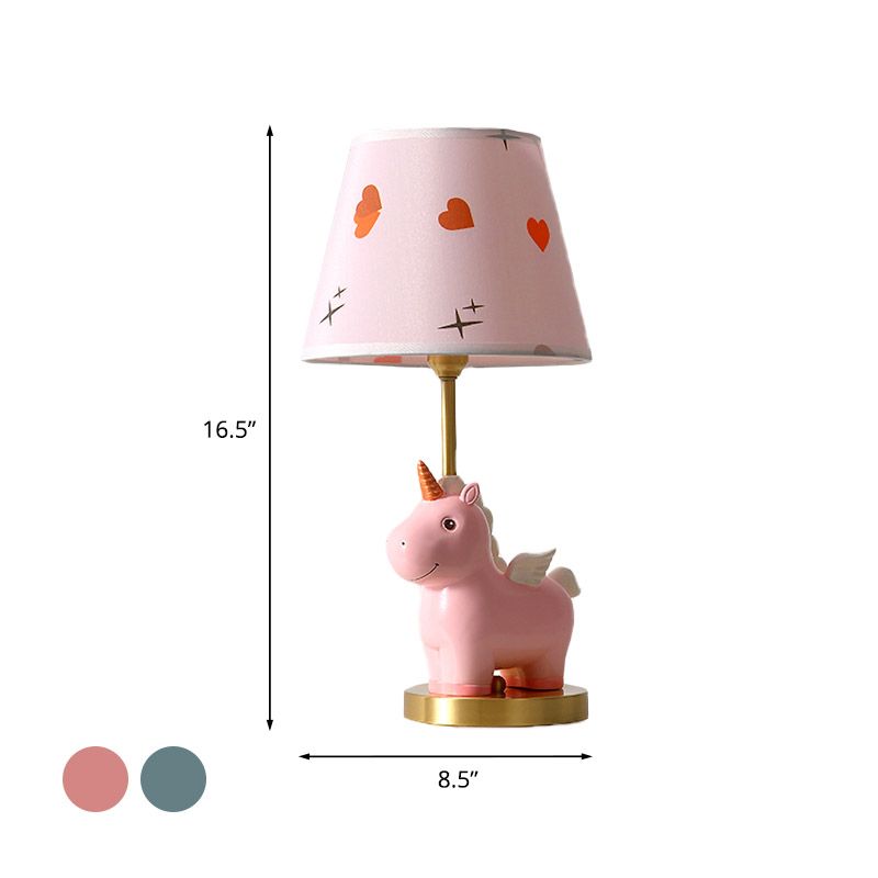 Sika Deer/Unicorn Bedside Table Lamp Resin Single Kids Night Light in Pink/Blue with Tapered Fabric Shade