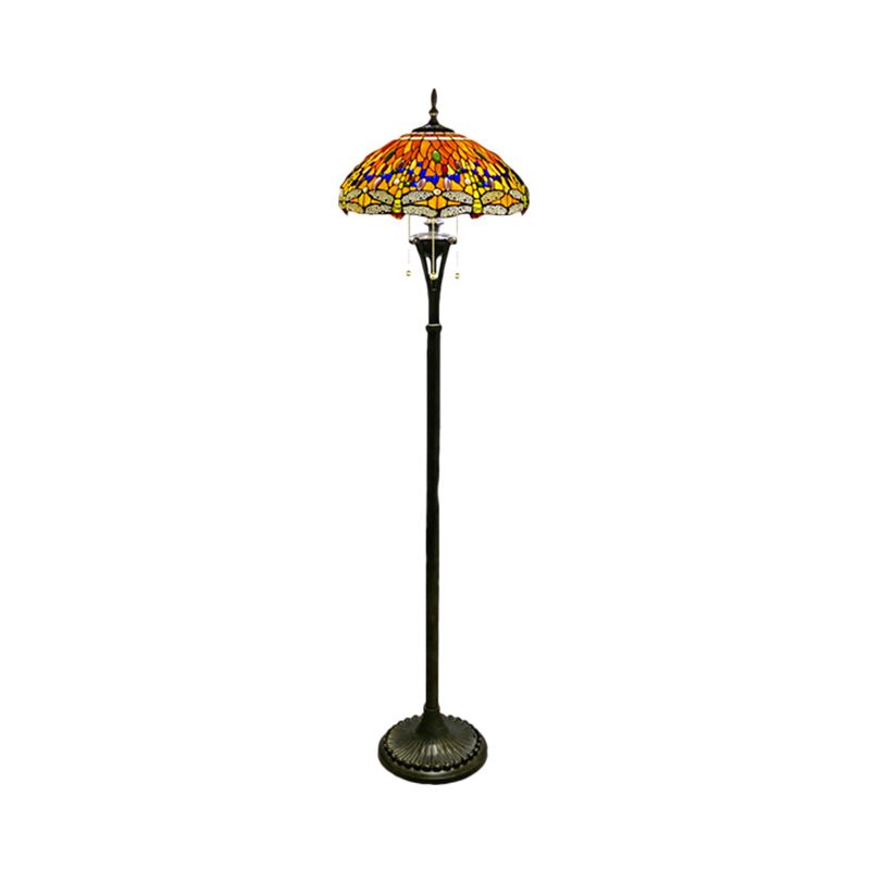 Stained Glass Dragonfly Reading Floor Lamp Baroque 3 Heads Yellow/Blue/Green Pull Chain Stand Up Light with Domed Shade