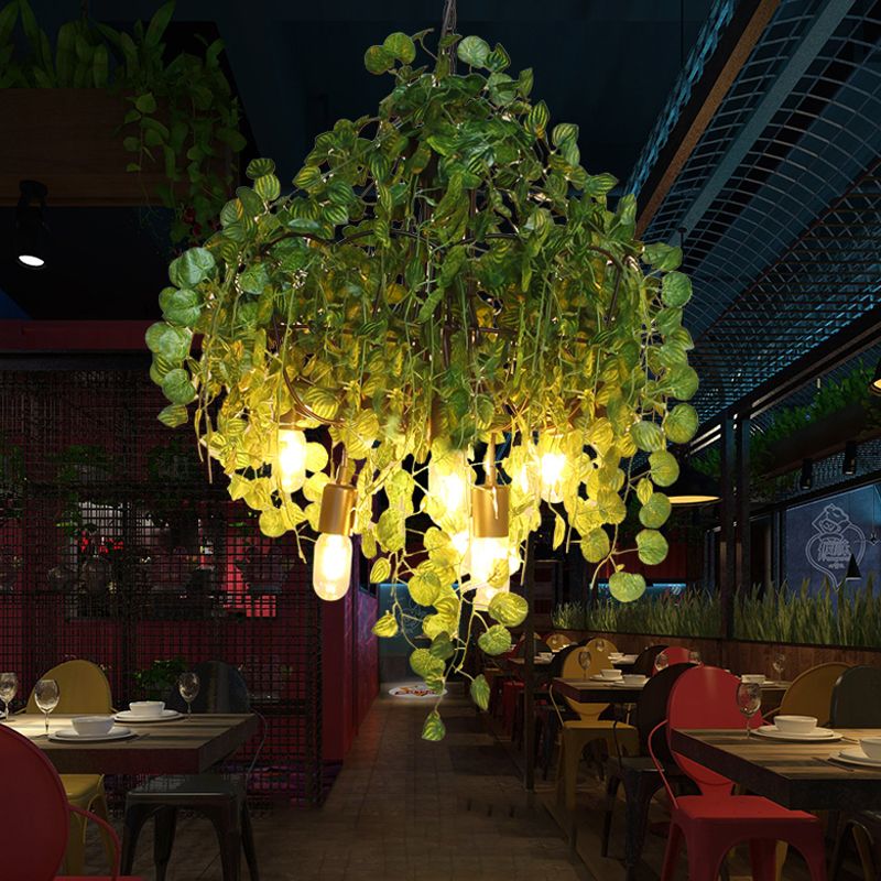 Green Exposed Bulb Ceiling Chandelier Loft Iron 6 Heads Restaurant Drop Pendant with Plant Decor