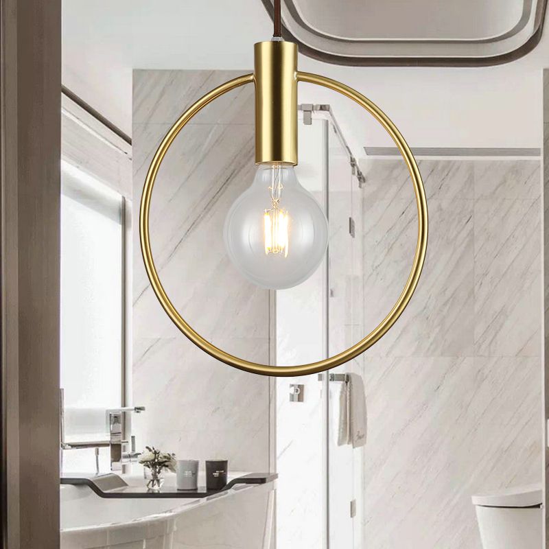 Vintage Circular Hanging Deckenleuchte mit offener Glühbirne 1 Leuchtmetall -Anhängerlampe in Gold für den Flur