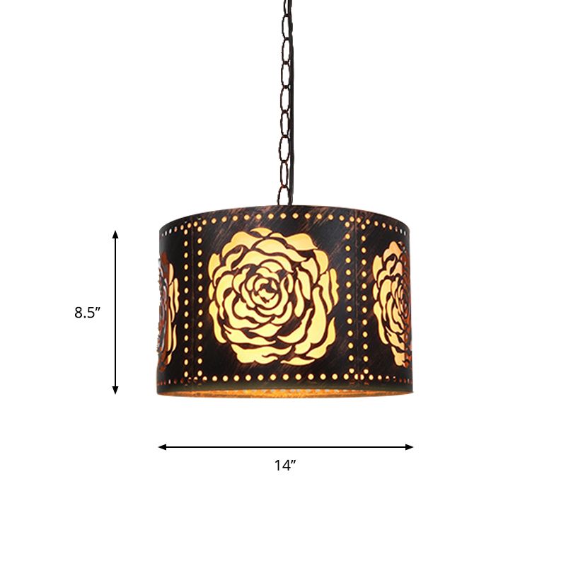 Antiquierte Bronze 1-Licht-Drop-Anhänger rustikale Metallausschnitte Rosen/Scrollwork-Trommelform Hanging Deckenleuchte