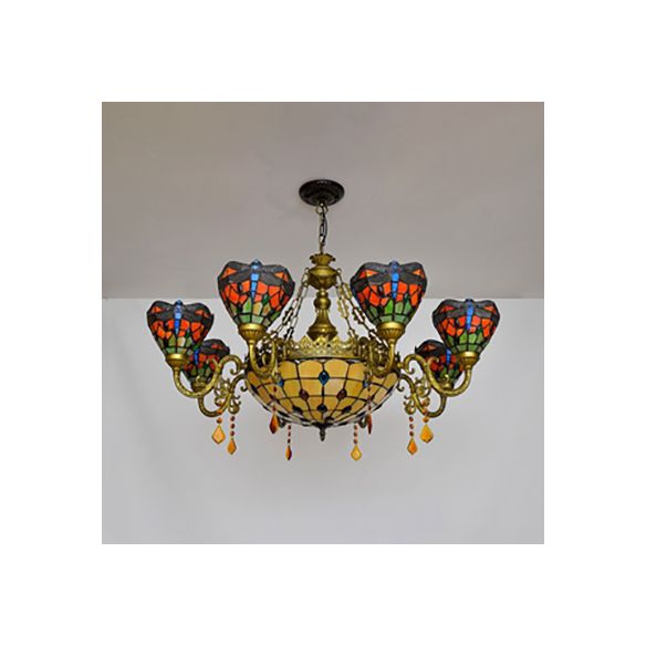 Lustre de la lumière suspendue en forme de bol tachée Rustique 9 lumières lustre avec cristal en multicolore pour chambre à coucher