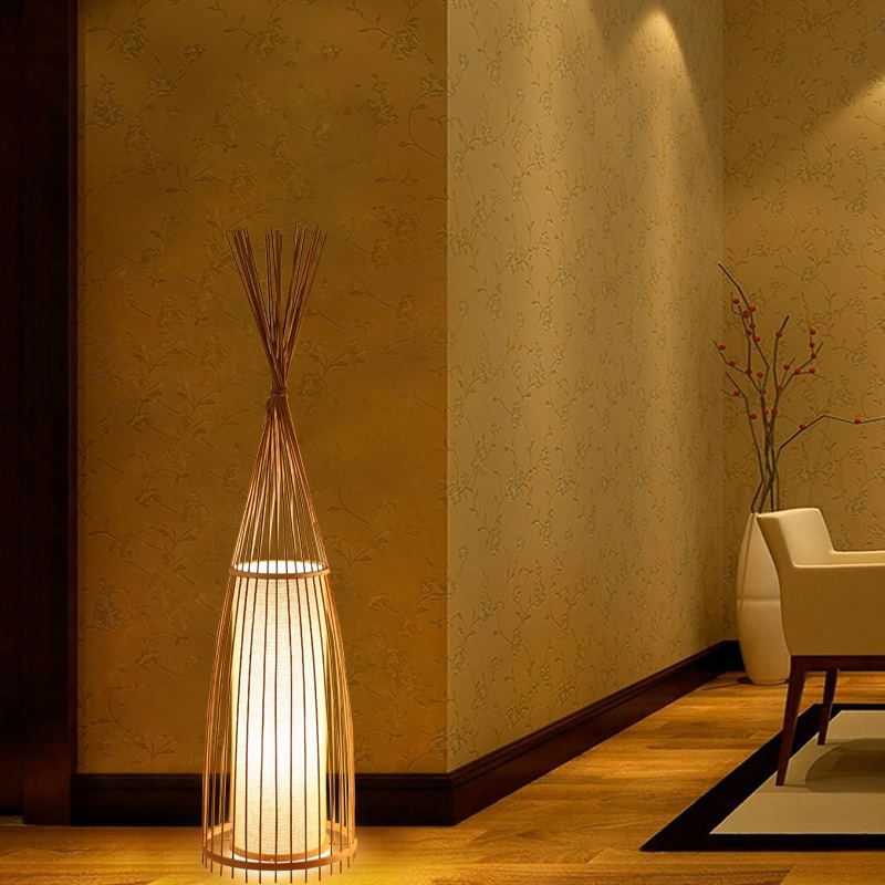 Black/Beige Fish Shaped Floor Light Asia Single-Bulb Bamboo Stand Up Lamp for Living Room, 12"/15" W