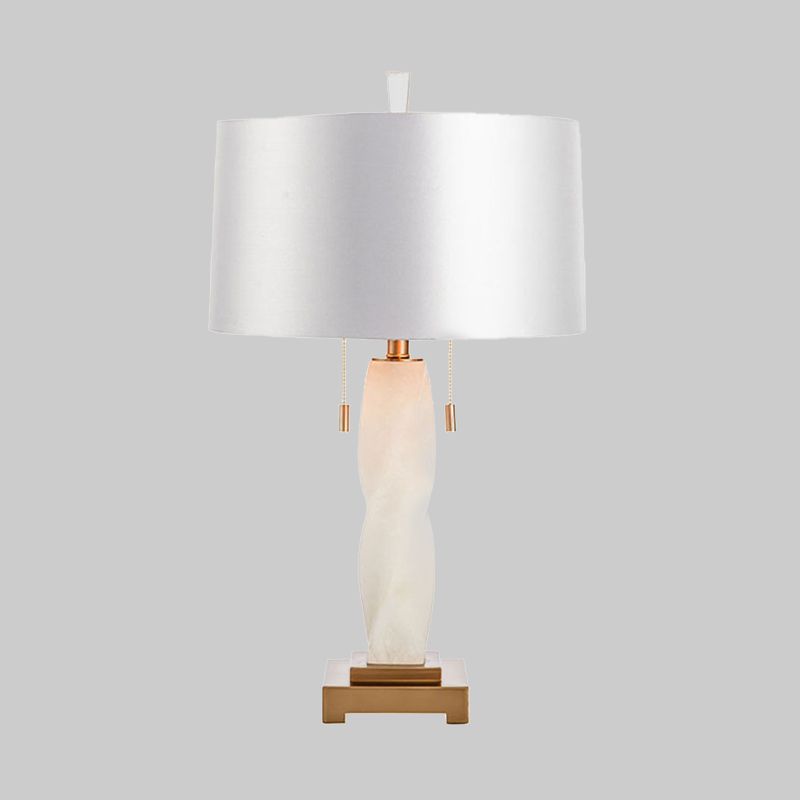 2 Heads Cylindrical Desk Light Modern Fabric Night Table Lamp in White with Pull Chain