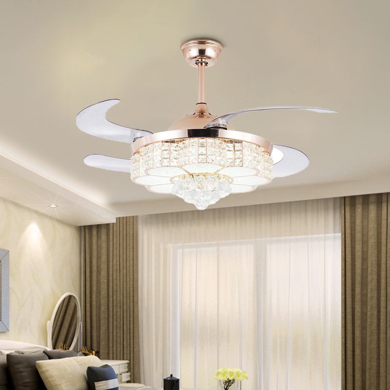 Gold Flower Ceiling Fan Light Contemporary LED Crystal Semi Flush Light with Remote Control/Wall Control/Remote Control and Wall Control