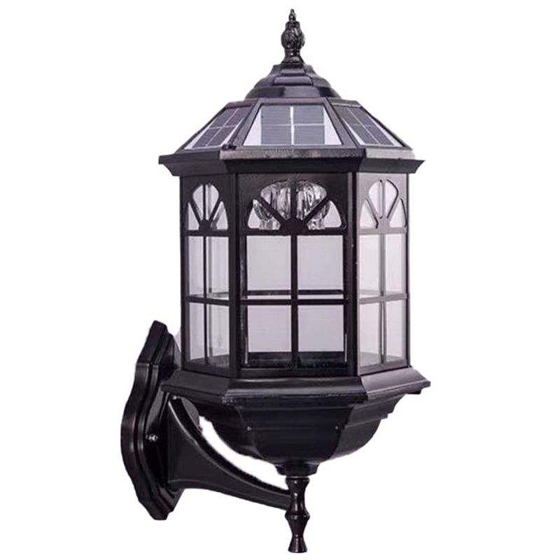 1 Bulb Clear Glass Wall Sconce Lodges Black Hexagon Outdoor Wall Lamp with Solar Panel