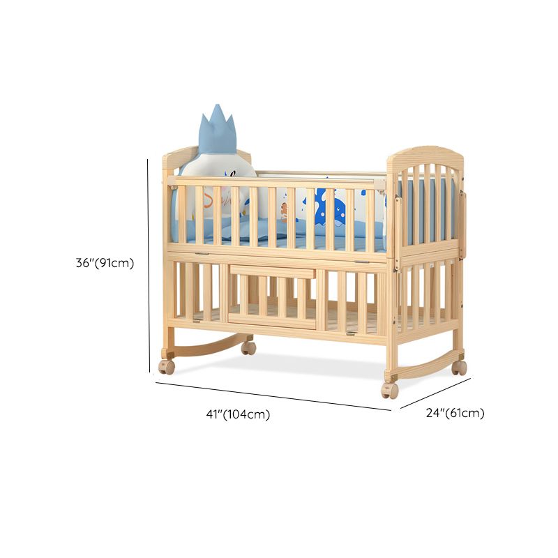 Pine Convertible Baby Crib Wood Nursery Crib with Guardrail and Wheels