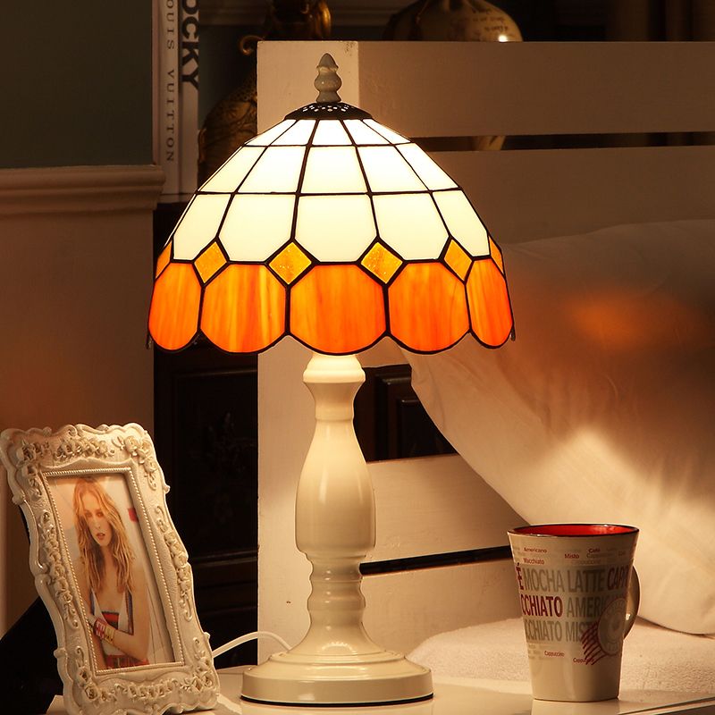 Baroque Gridded Dome Shade Night Light 1 Head Orange-White Stained Glass Table Lighting