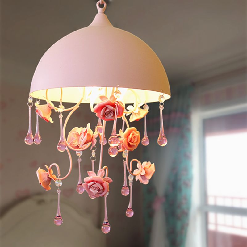 1 Light Dome Pendant Lamp Pastoral Pink Metal Rose Hanging Light Fixture for Living Room